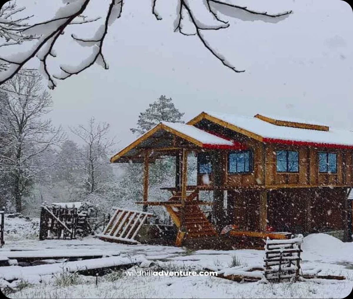 Wooden cottage under fresh snowfall in Arunachal Pradesh
