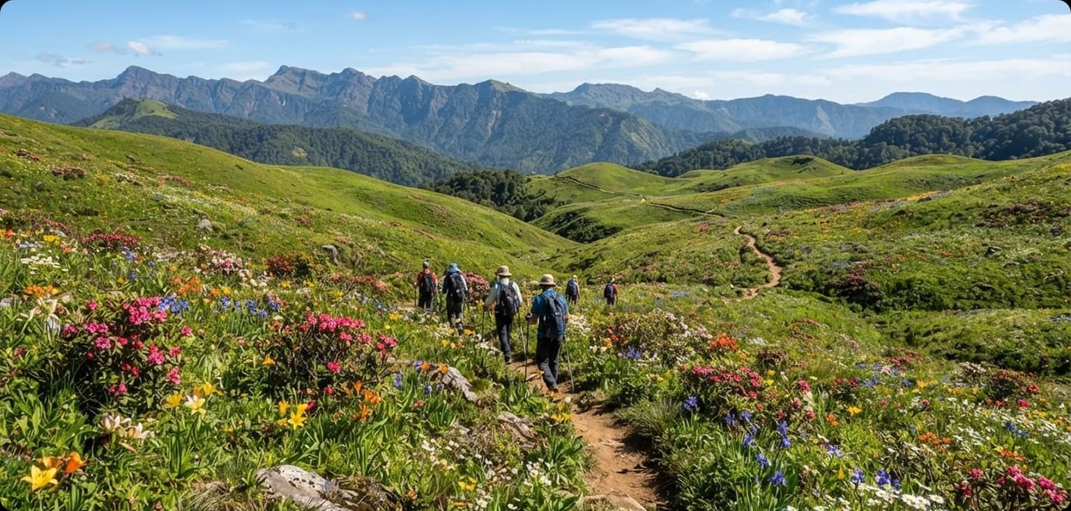 Trekkers crossing the green slopes of Dzukou Valley