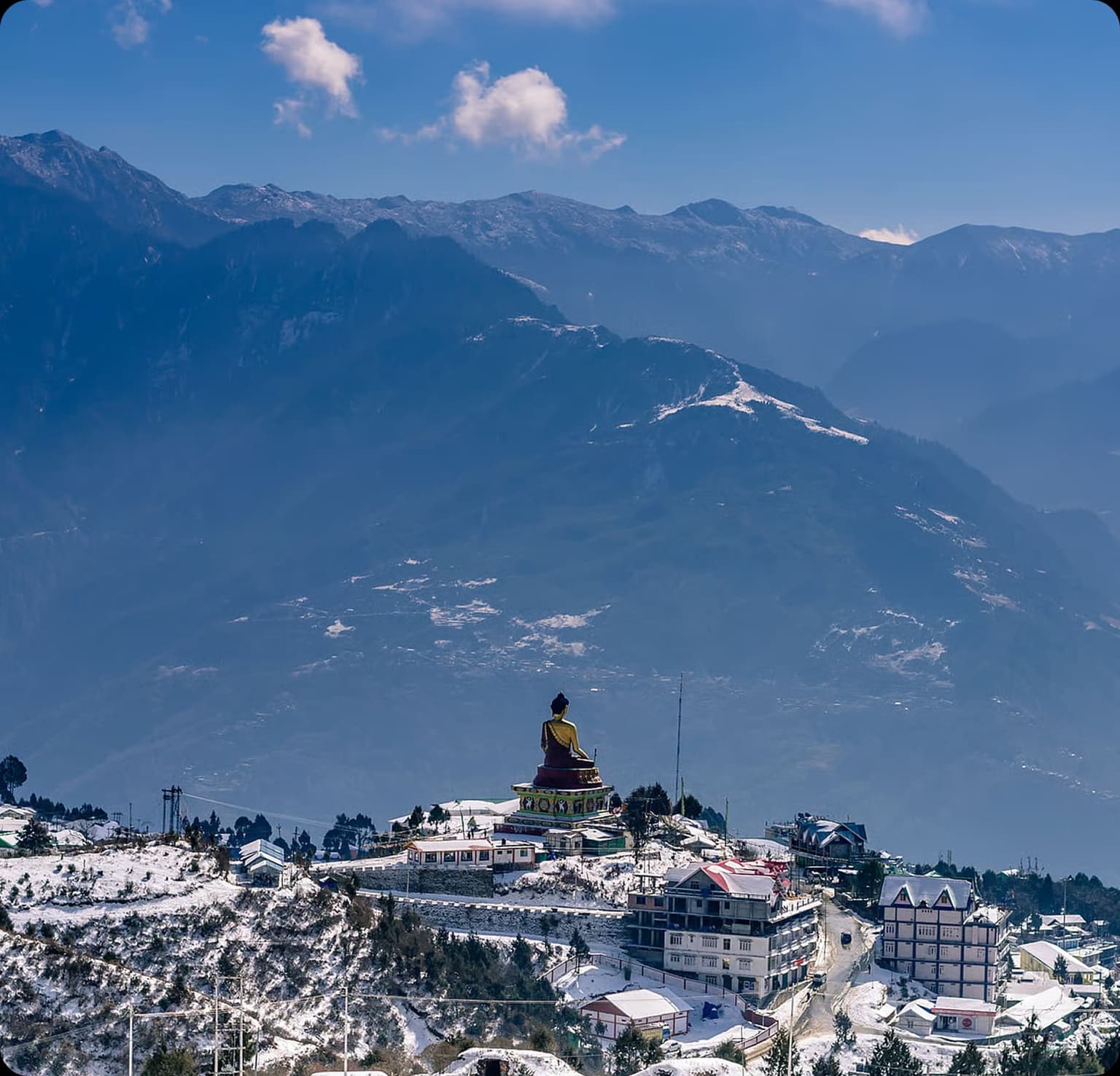 Tawang monastery with snow-capped mountains behind it