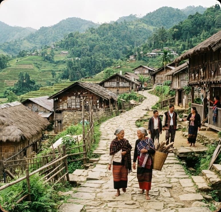 Stone pathway through Khonoma heritage village in Nagaland
