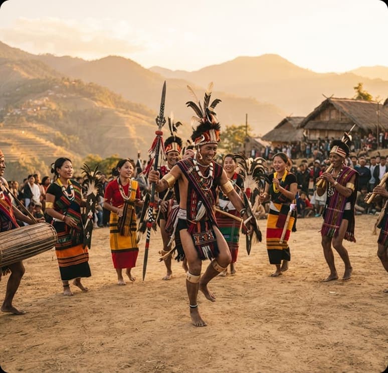 Naga dancers in traditional dress performing at the Hornbill Festival